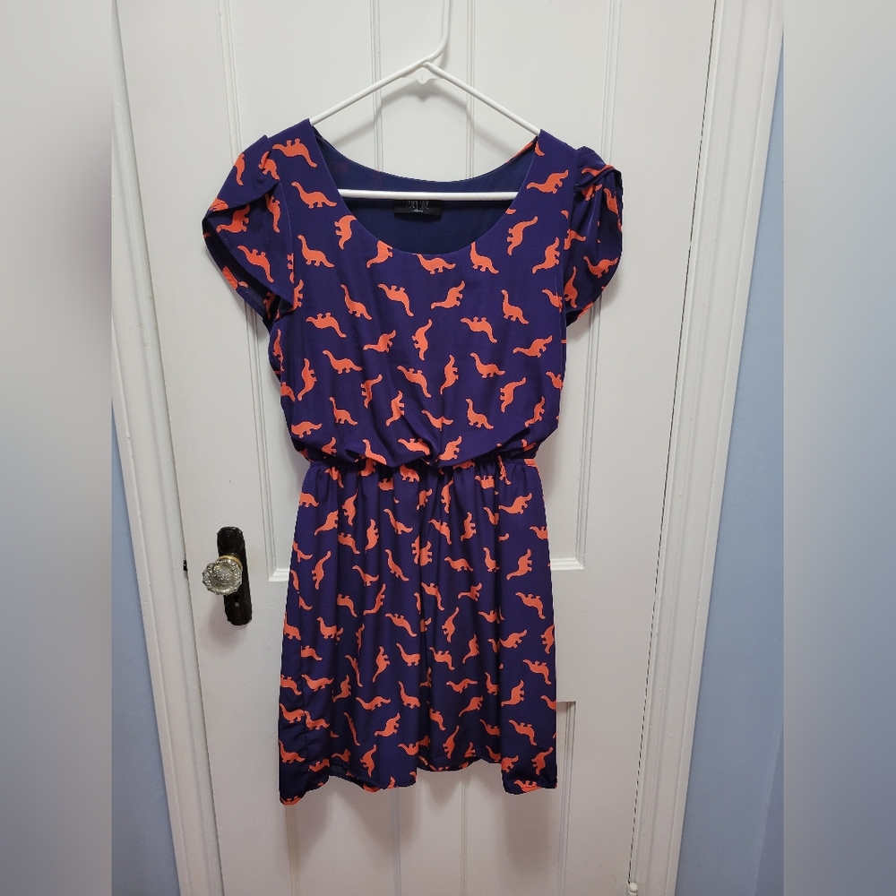 Dress, women's size small, Peach Love brand, navy blue w/red dinosaur pattern